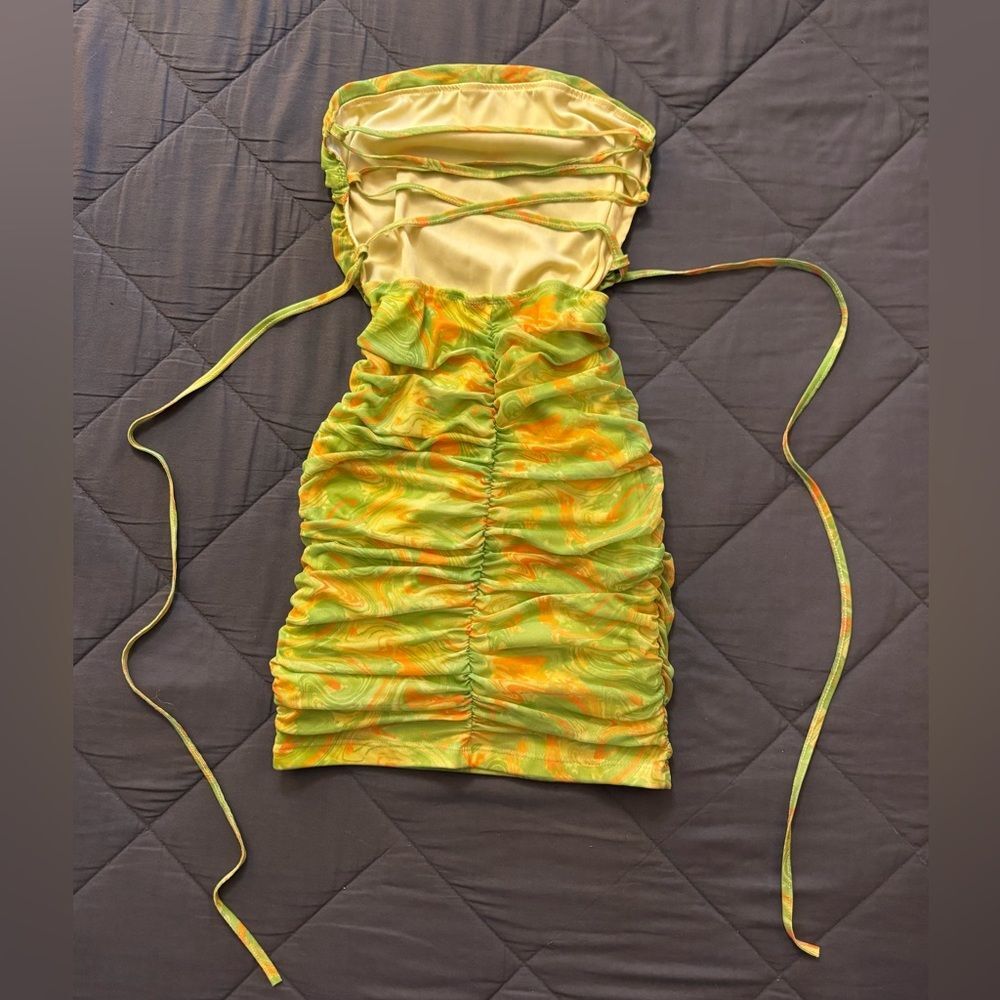 Vibrant Green and Orange Ruched Dress Allover Print Lace Up Backless - Picture 3 of 13